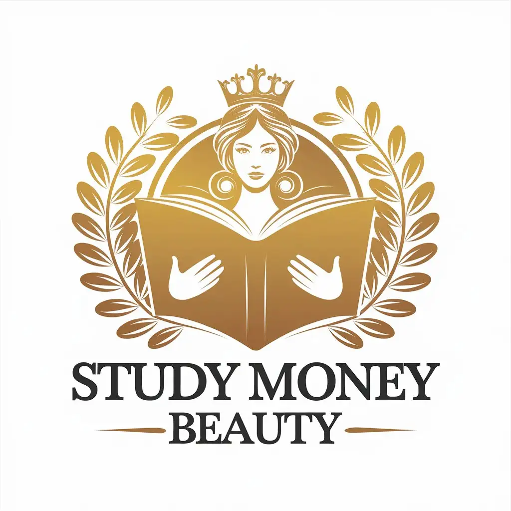 a vector logo design,with the text "Study Money Beauty", main symbol:book, gold, beautiful woman,Moderate,be used in Entertainment industry,clear background