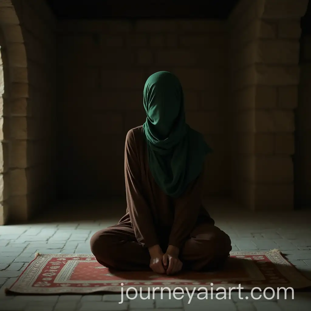 Person-Praying-in-Dimly-Lit-StoneWalled-Room-with-Green-Headscarf-and-Brown-Garment