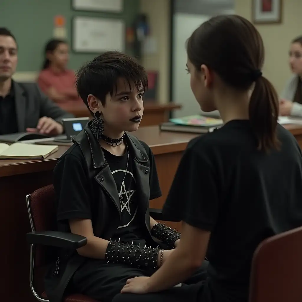 Gothic-Teenage-Boy-in-Principals-Office-with-Pentagram-Earrings