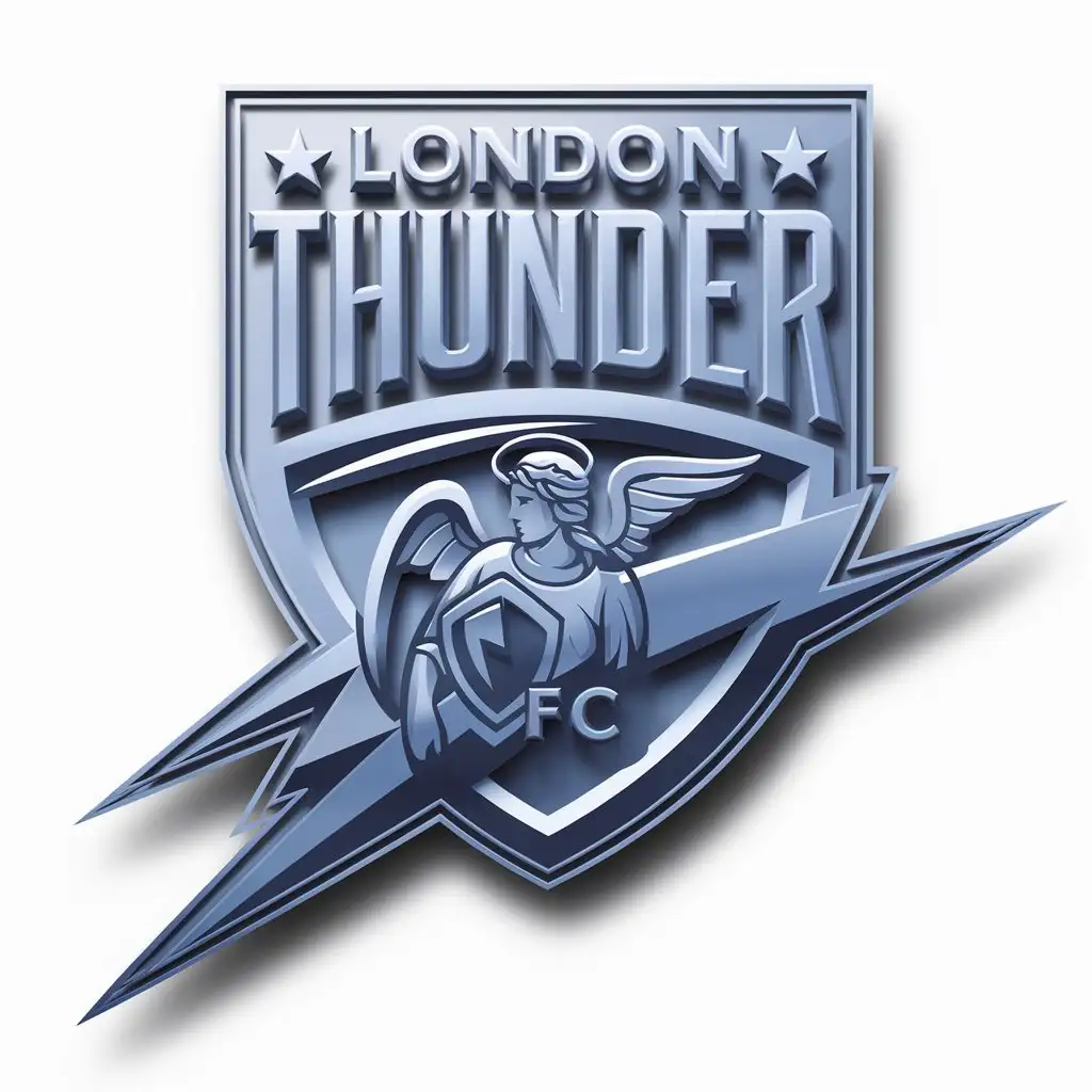 LOGO-Design-For-London-Thunder-FC-Soccer-Team-Badge-with-Angel-Holding-Lightning-Shield-in-Reflective-Light-Blue