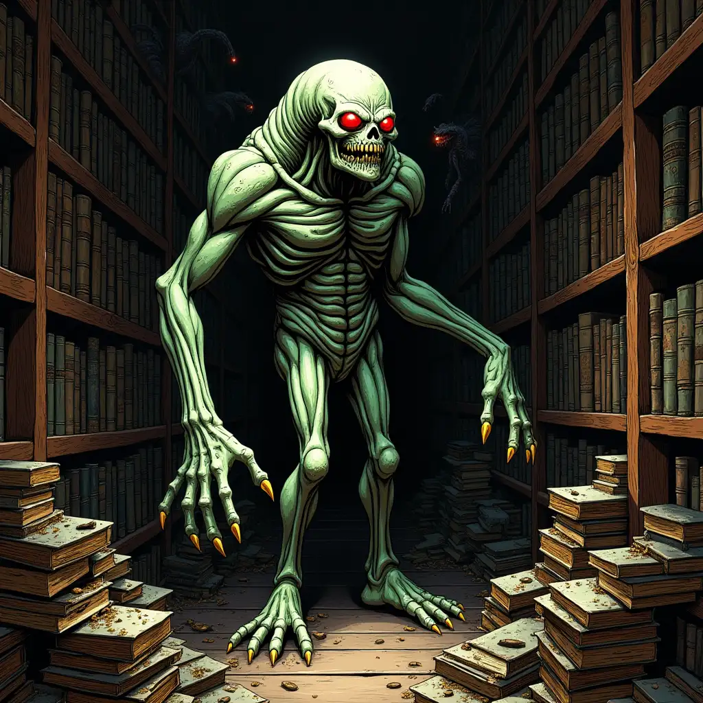 Anthropomorphic-Male-Organ-in-a-Lovecraftian-Library-with-Monsters-and-Decaying-Books