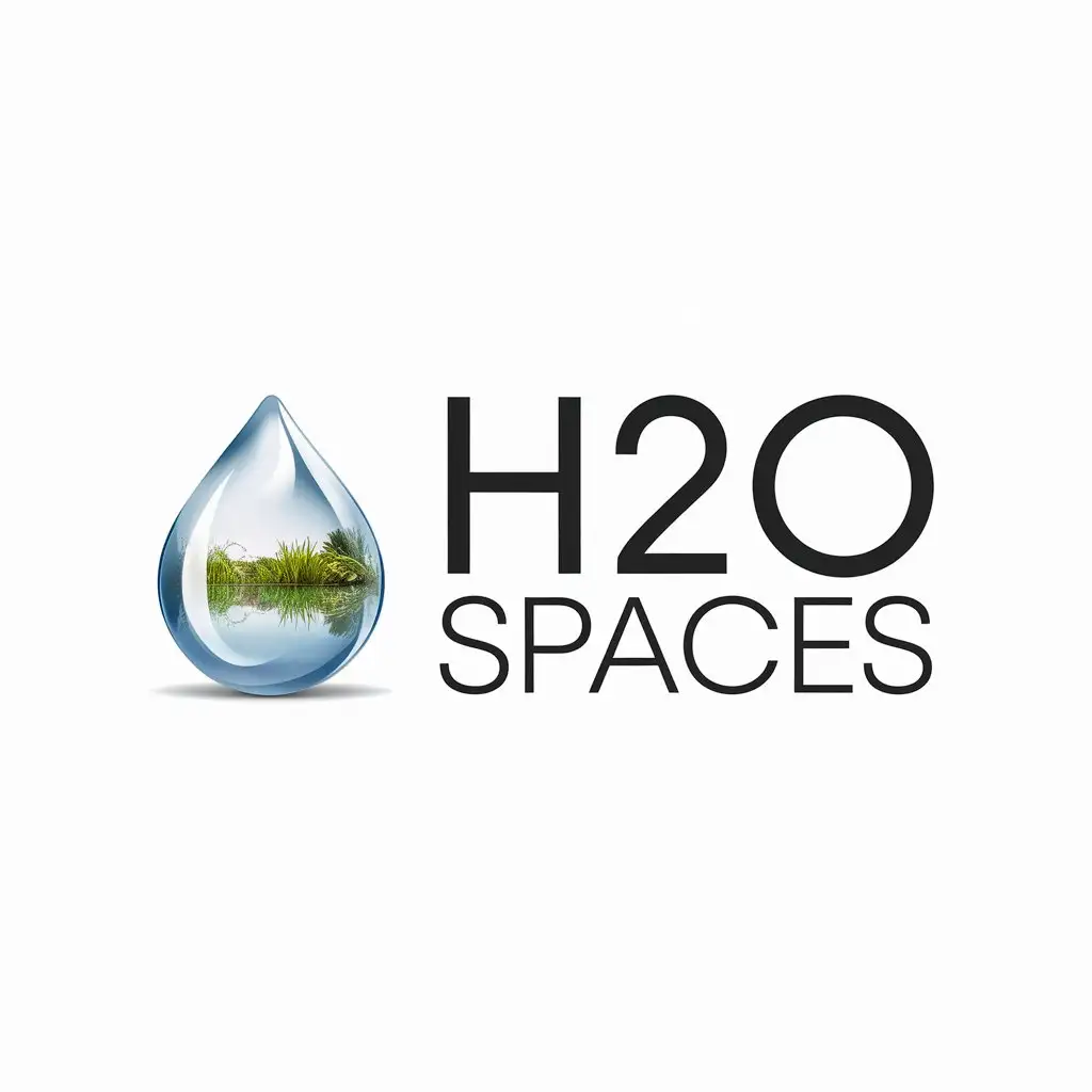 a vector logo design,with the text "H2O SPACES", main symbol:A DROP OF TRANSPARENT WATER AND INSIDE IT A REFLECTED GARDEN. THIS DROP IS ON THE LEFT OF THE WORDS,Minimalistic,be used in Construction industry,clear background