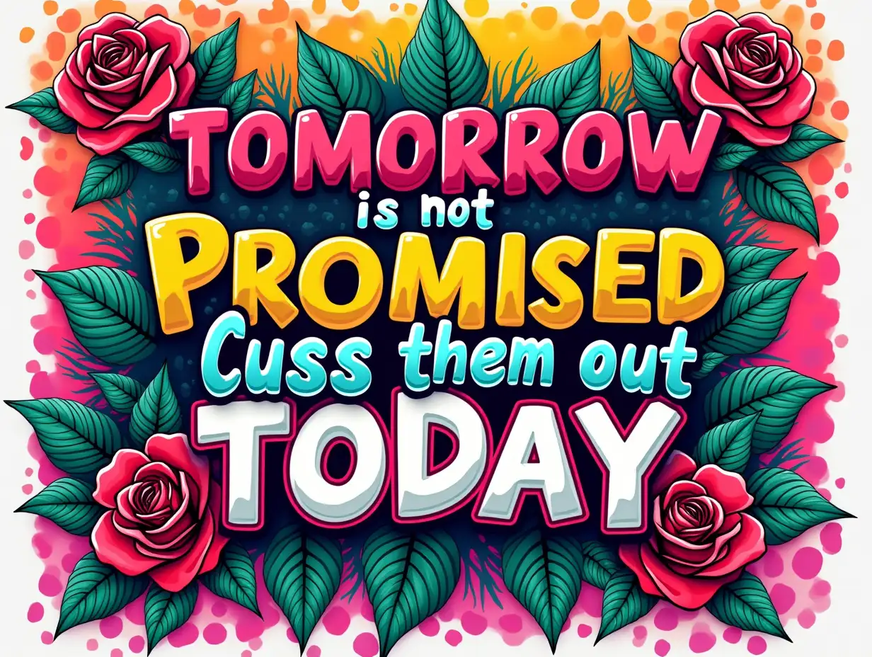 Vector illustration. A vibrant, motivational poster design featuring a mixed-media aesthetic, blending bold typography with a colorful floral border. The background is a gradient of vivid colors, transitioning from bright pinks to yellows and blues, with a dynamic leopard print pattern subtly integrated. The central text reads 'TOMORROW is not Promised Cuss them out TODAY' in a playful, modern font, with the word 'TODAY' emphasized in a larger, striking style. Surrounding the text are lush, detailed floral elements, including roses, daisies, and tropical flowers, in a variety of hues. The overall composition is lively and energetic, evoking feelings of empowerment and urgency.