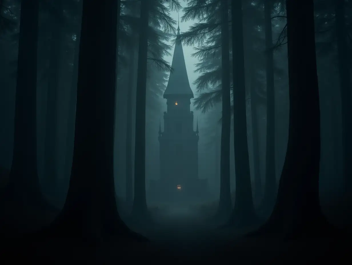 Tall grove, dimly lit forest deep, blurry mystical building can be seen.