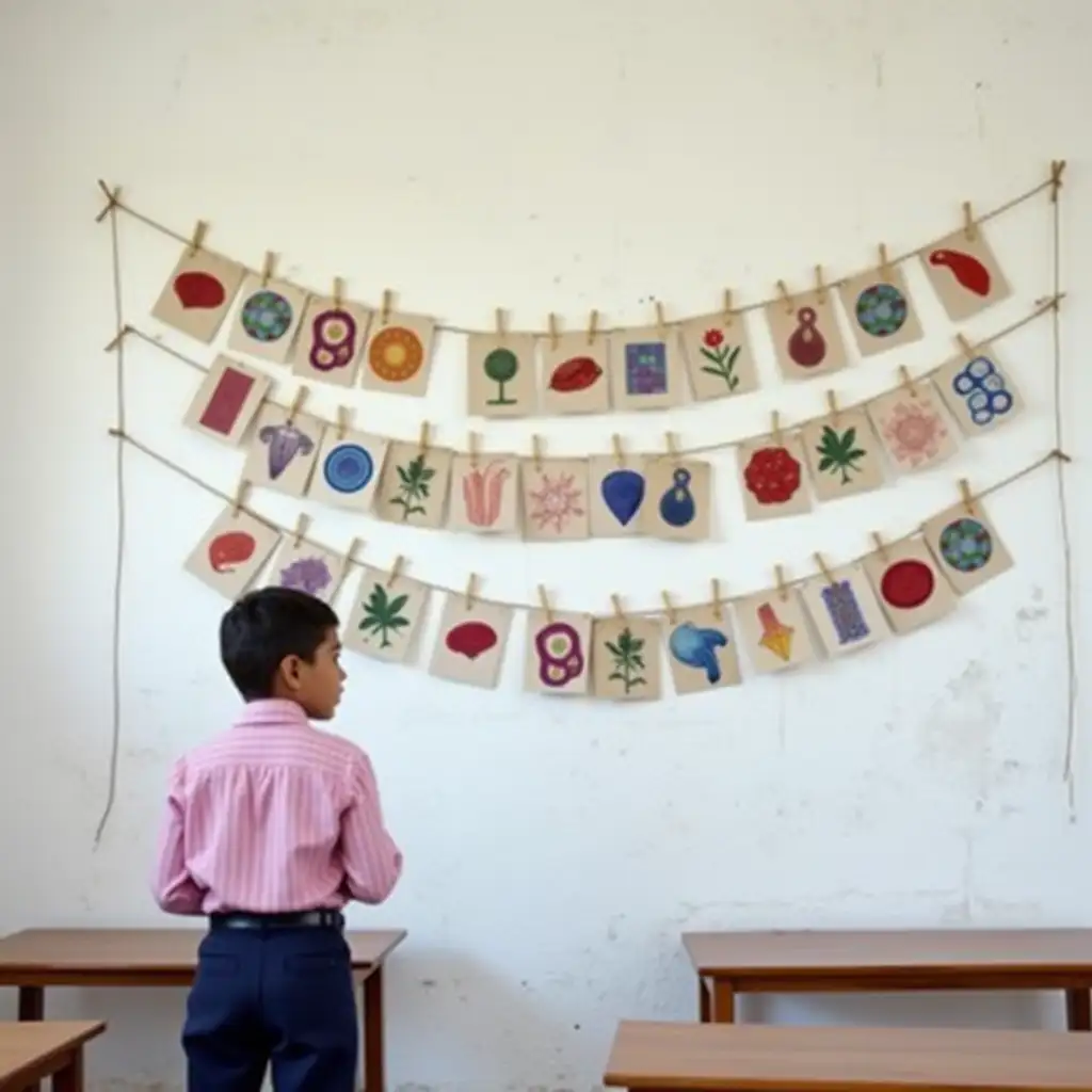 Prepare a wall hanging (like miniature photos in a row tied with threads in paper) that is hanged on a wall of the classroom (the classroom should be of white paint with rough wall surface ) with the images of types of cells such as muscle cell, nerve cell, plant cell, animal cell etc., the classroom should also contain a boy who is looking backwards with pink checked shirt and dark blue pants (uniform). The boy should be of medium skin tone.