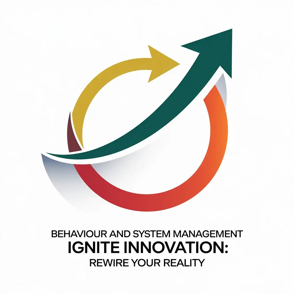 a vector logo design,with the text "Behaviour and System Management  Ignite Innovation: Rewire your Reality", main symbol:Design a modern and professional logo for a training and consultancy firm focused on emotional well-being, productivity, psychological strength, and self-management. The logo should incorporate three primary colors: red, yellow, and green, each representing different stages of personal and organizational transformation: Red symbolizes a halt in energy due to personal or professional challenges, like stopping at a red light. The circular line of red color must be tilted inwards without the arrow head. The line should move from Broad to thin; Yellow represents reactivation, motivation, and mental reset through training, like a yellow light signaling readiness to move. Green signifies gaining momentum and forward movement through consultancy, akin to a green light. The design should convey transformation, growth, and empowerment. The logo should feel dynamic yet approachable, representing both individual and organizational progress. The curve should go upwards with a arrow head, it's thickness should gradually increase from from bottom to top,complex,be used in Training industry,clear background