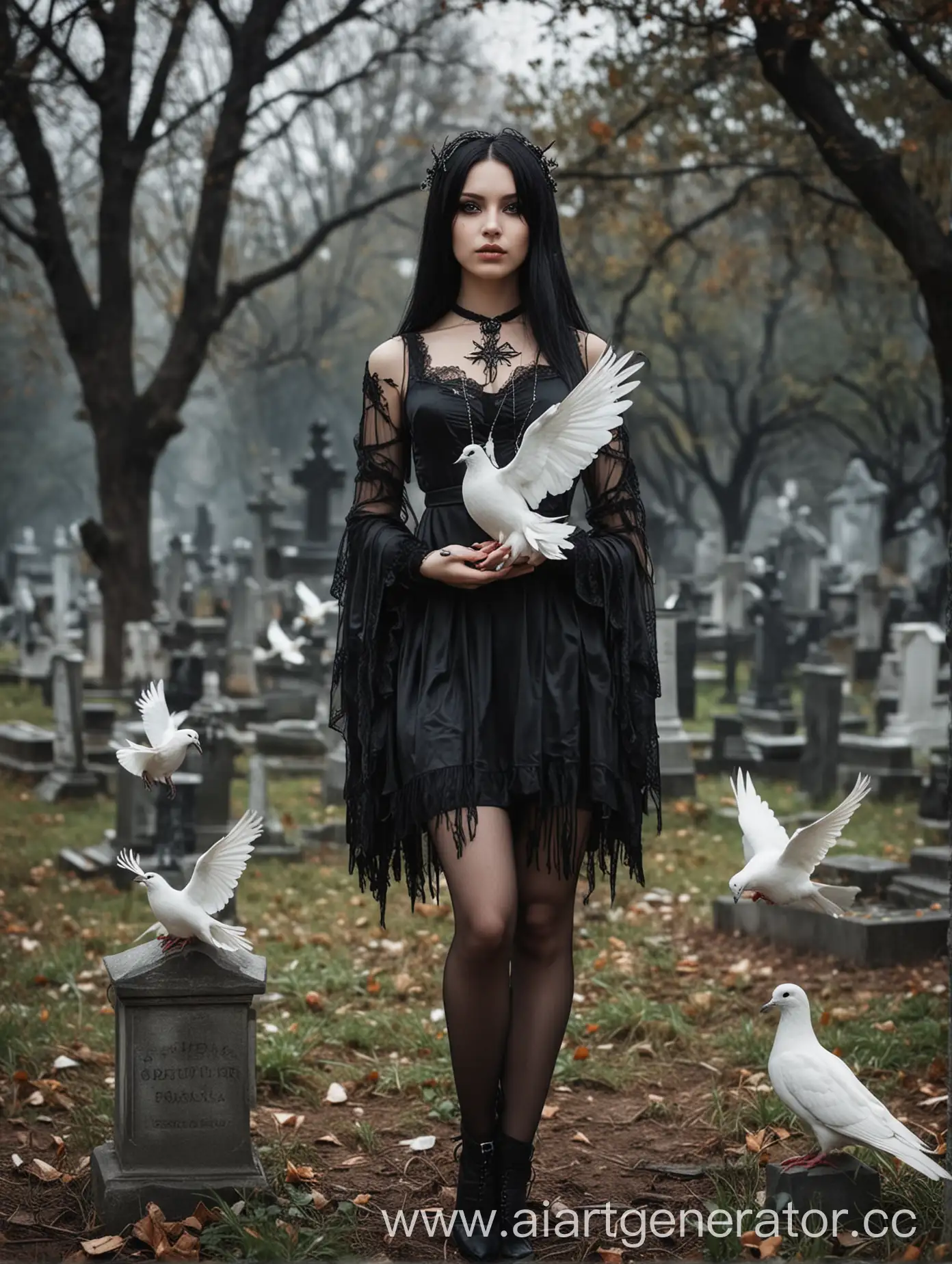 dark gothic  girl  releases a white dove of peace  at the cemetery, black hair, black silky  tiny dress