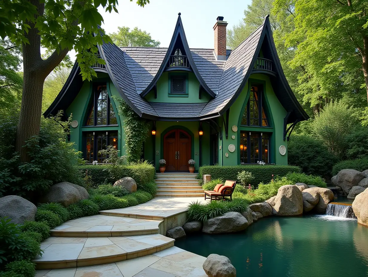 crooked house garden -with green stucco with white ornaments in the form of circles black roof, large windows with glass, curved, rough window shapes winding grand entrance staircase made of marble a small waterfall complex curved roof with dike, lanterns, bench apple tree 4K resolution colorful superwide-angle shots