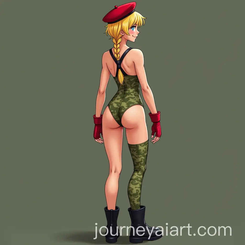Adolescent-Woman-in-CamouflageInspired-Green-Swimsuit-withImagem-AI-e-Expanso-Red-Beret-and-Accessories