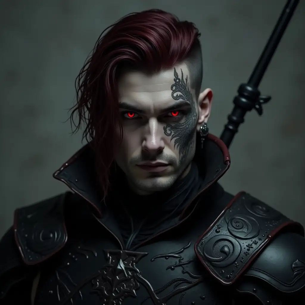 Handsome Male Vampire in Black Obsidian Armor with Red Eyes and Tattoos