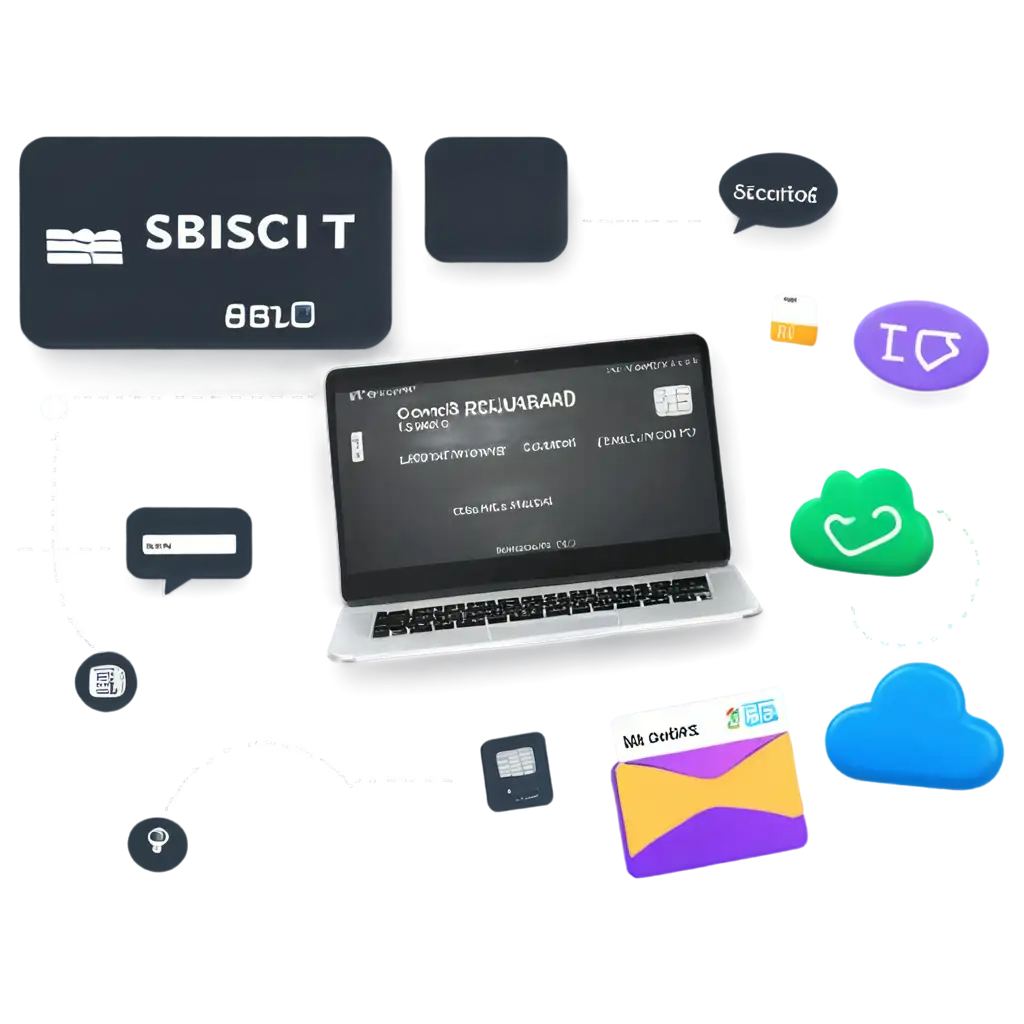 A conceptual illustration of subscription-based software. The image features a laptop displaying a dashboard with a 'Subscribe' button, payment details, and a user profile. Around the laptop, there are floating icons representing a credit card, cloud storage, software updates, and a calendar for recurring payments. The background has a modern, digital theme with soft blue and purple gradients.