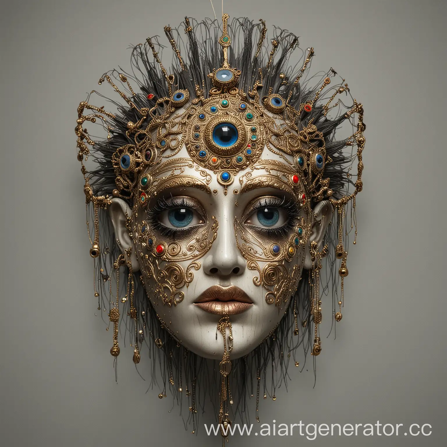 Hypnotic-Mask-of-the-God-of-Vices-with-Dripping-Jewelry-and-Wires