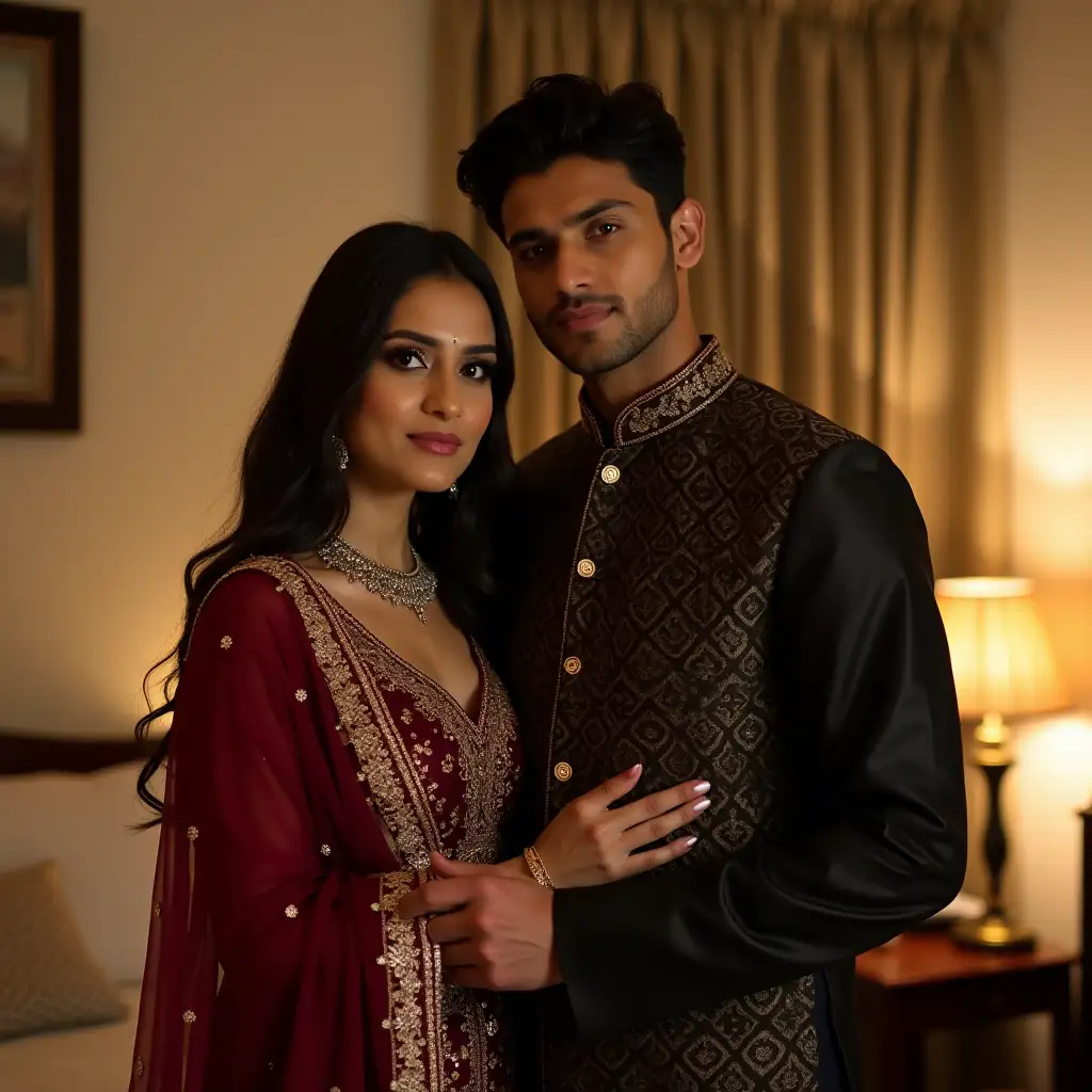 A young South Asian couple dressed in traditional attire, standing together in a warmly lit bedroom. The woman wears a deep red and gold embroidered outfit with long sleeves and a low neckline, and she has long, dark hair styled naturally. She has a confident and gentle expression, wearing subtle jewelry and makeup. The man wears a dark, intricately detailed kurta with a mandarin collar, and he has a strong, well-groomed appearance with neatly styled hair. They stand close together, with the man’s hand resting gently around the woman’s waist. The background features soft lighting, curtains, a framed picture on the wall, and a bedside lamp, creating an intimate and cozy atmosphere. The focus is on the couple, with a slight blur in the background.