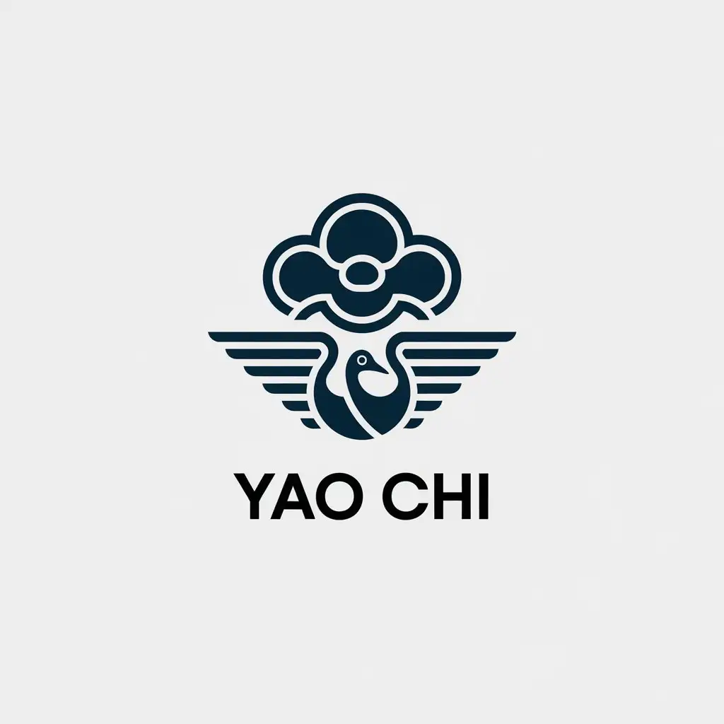 a vector logo design,with the text "Yao Chi", main symbol:Auspicious cloud, Immortal crane,Minimalistic,clear background