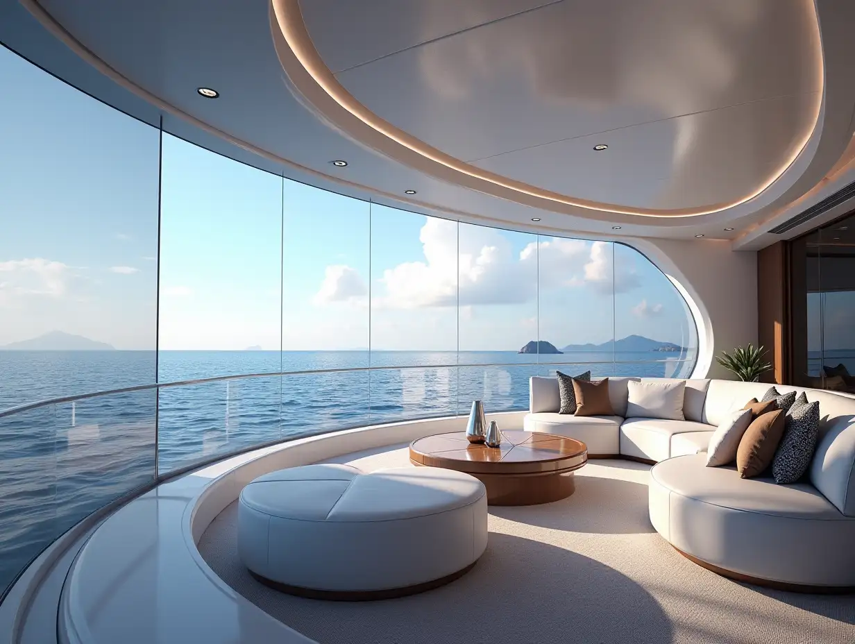 Create a high-resolution realistic image in 4k resolution of a futuristic interior of a yacht overlooking the sea