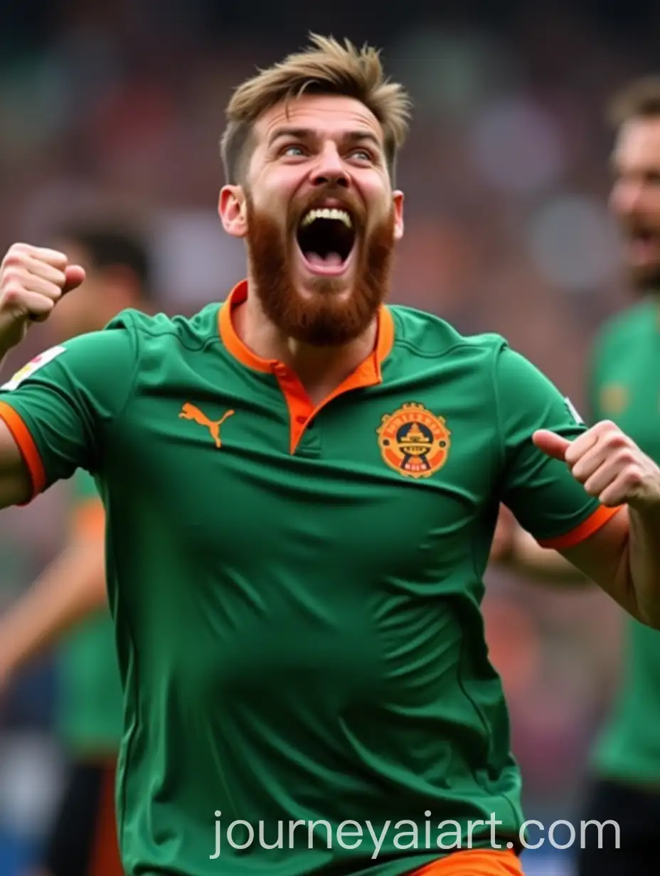 Soccer-Fan-with-Vibrant-Beard-Celebrating-Goal-in-Green-and-Orange-Shirt