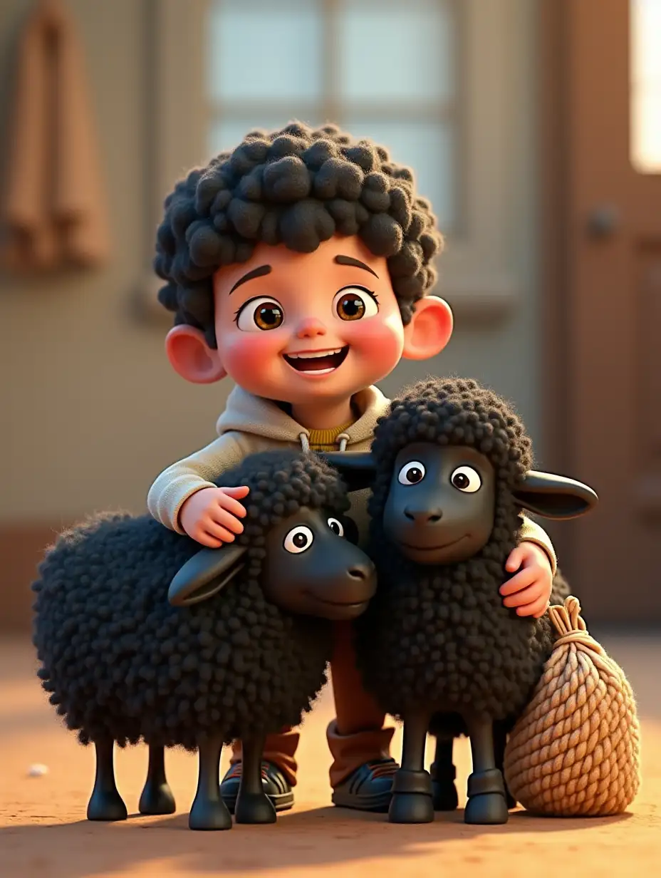 Baba, cheerful fluffy black sheep and lamb, Jack, 5-year-old boy, proud expression, baba and black lamb, three bags wool and separate bags black fluffy wool,3D Pixar Animation Style.