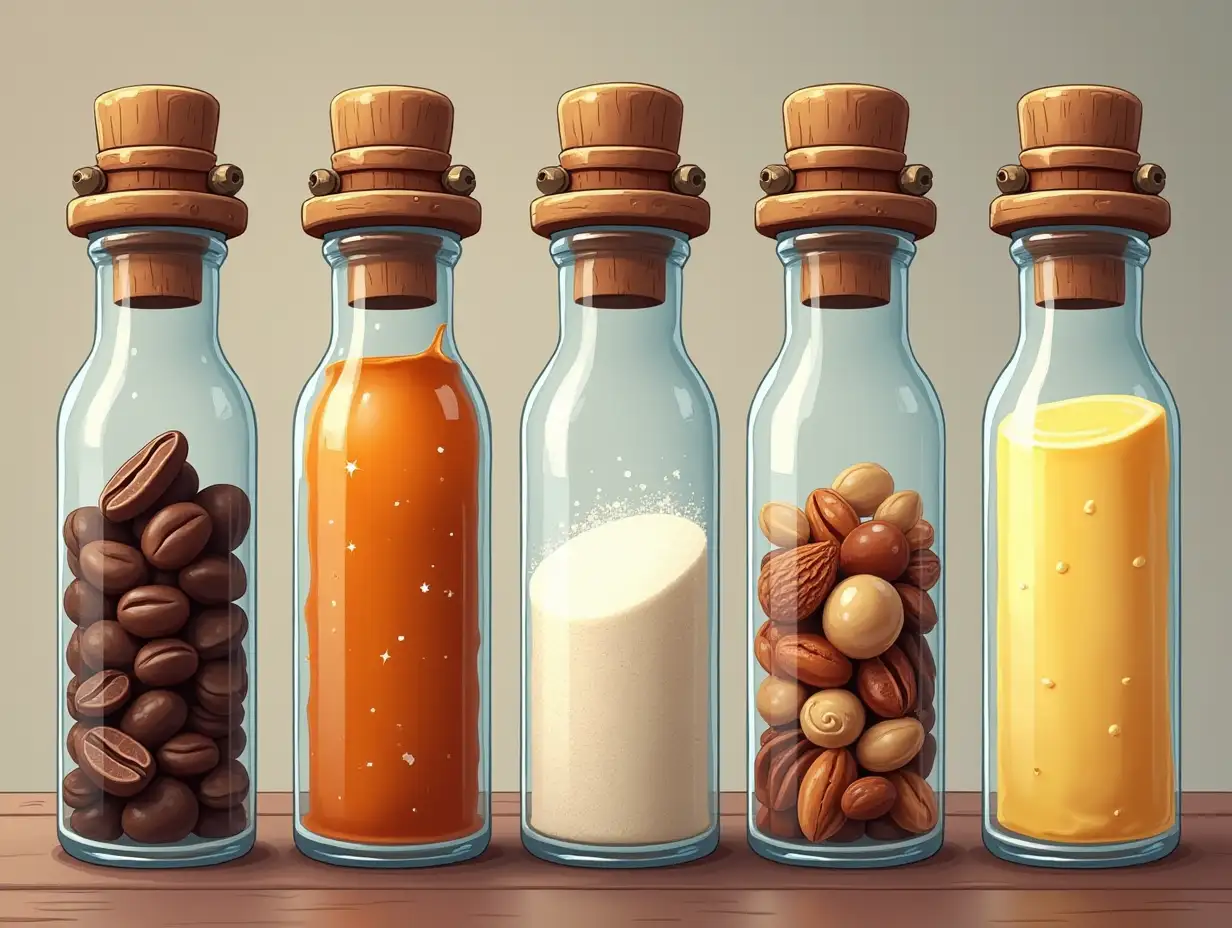 Create an image of six identical magical bottles in a steampunk style, designed in a cartoonish style. The bottles should be made of transparent glass and have wooden lids with steampunk elements, such as gears and metal details. Inside each bottle is a unique ingredient: 1. The first bottle is filled with large pieces of cocoa beans, which appear dark and textured. 2. The second bottle is filled with smooth and shiny caramel, creating a warm golden-brown hue. 3. The third bottle contains fine sugar that sparkles in the light, creating the illusion of pristine white sand. 4. The fourth bottle is filled with assorted nuts, varying in shape and size, offering rich texture and color variations. 5. The fifth bottle is full of airy and light whipped cream, creating a fluffy white effect. 6. The sixth bottle contains thick and richly yellow butter, filling the space inside with dense layers. Ensure that each bottle emits a magical ambiance and fits harmoniously within the overall cartoonish style of the image.