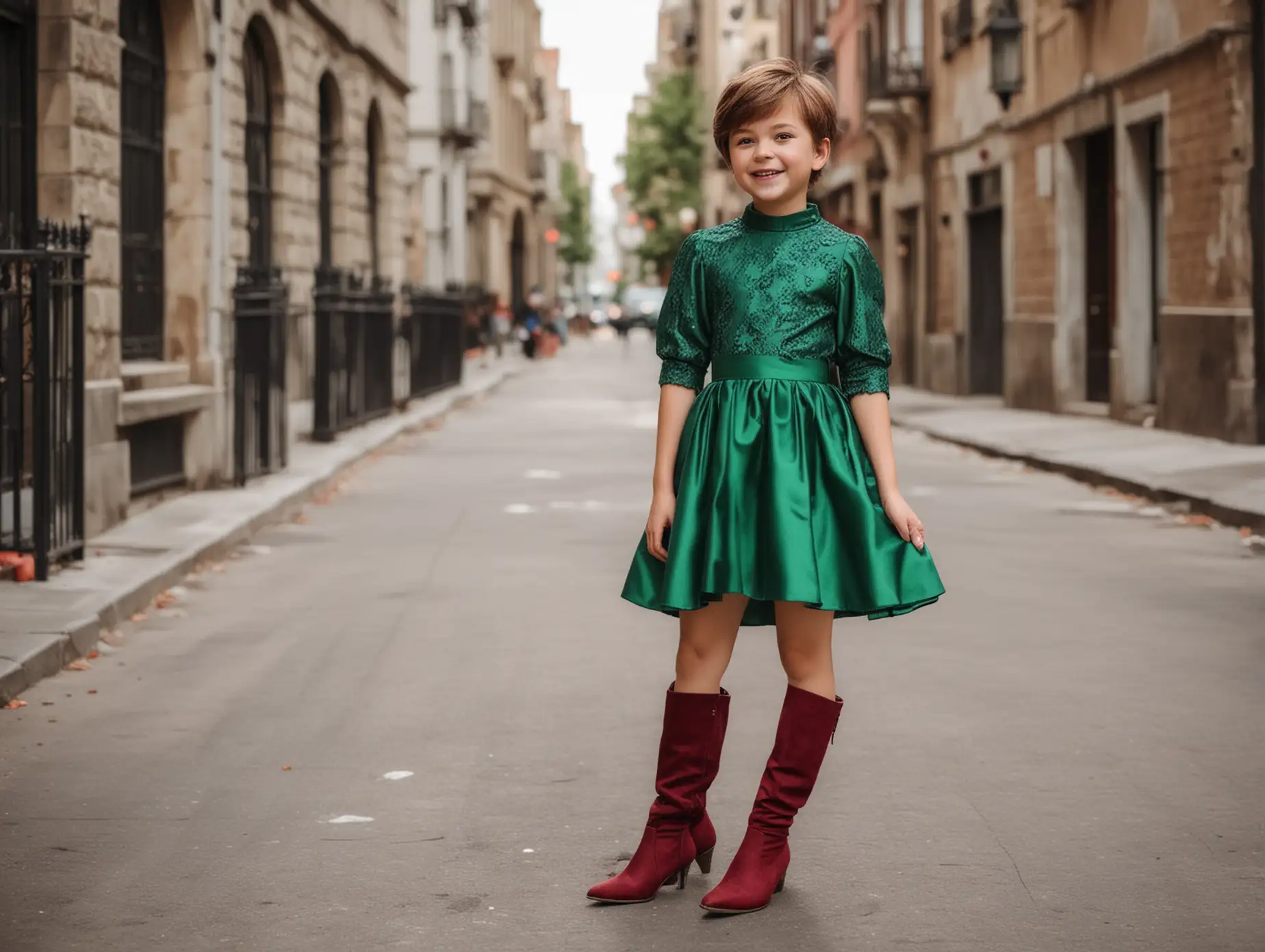 Little-Boy-in-Green-Teen-Prom-Dress-and-Wine-Red-Heels-Smiling-in-the-City