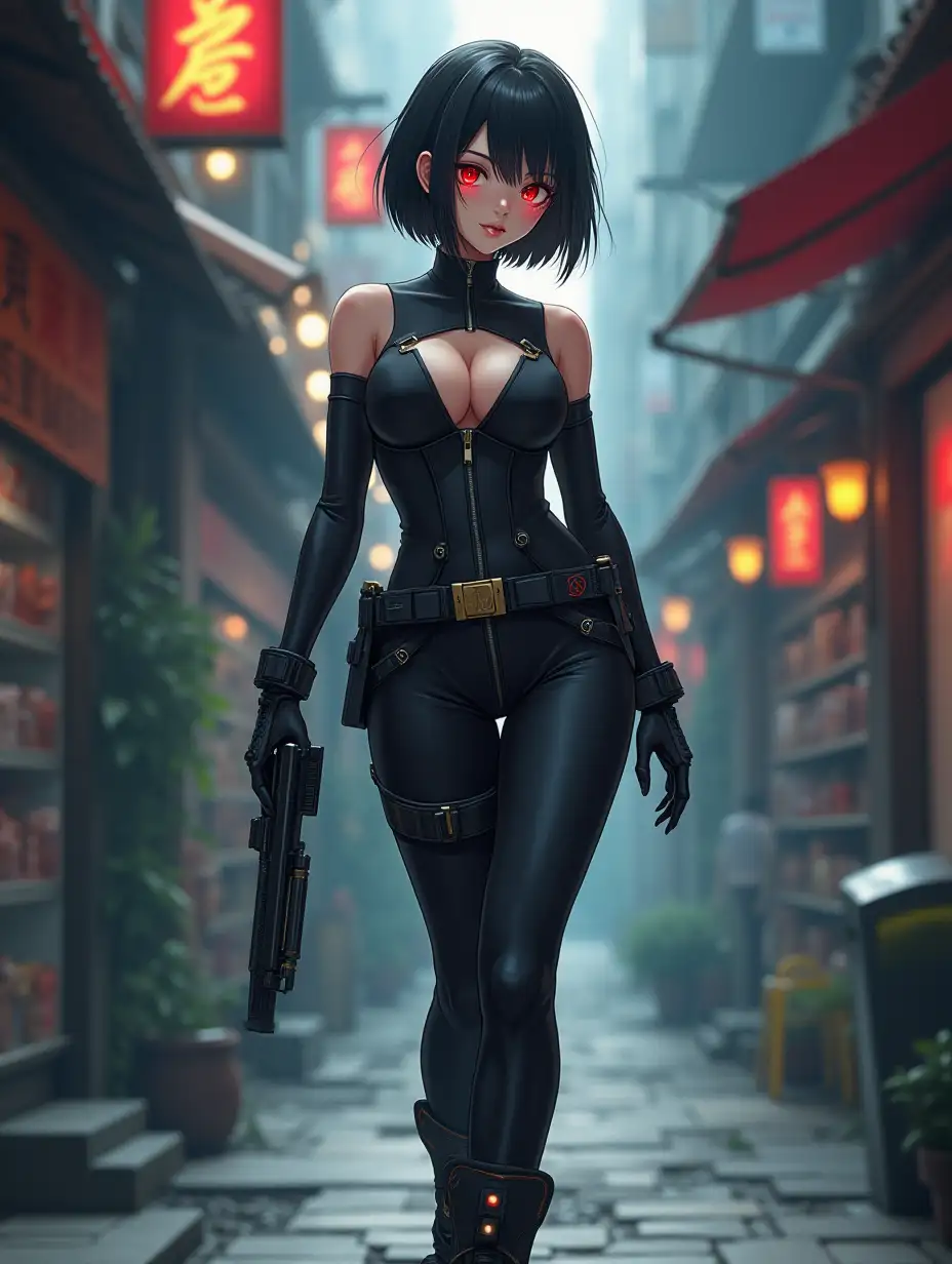 Short hair, mature Asian woman thief cyber runner in a dynamic full-length pose, eyes with red electronic pupils, large breast, extreme skintight body glove zipped down with cleavage, combat boots and combat belt. Full view of her body from boots up, low wide angle. Future store filled city alley street. Anime