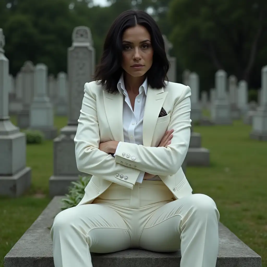 Teagan-Croft-as-Lucifer-in-Sharp-White-Suit-Sitting-in-Daytime-Graveyard