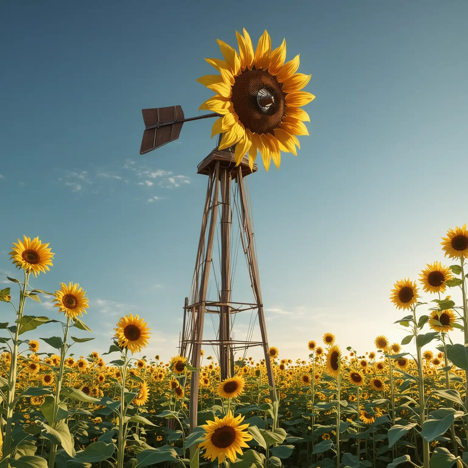 Stylized-Windmill-with-Sunflower-Heads-Against-a-Blue-Sky