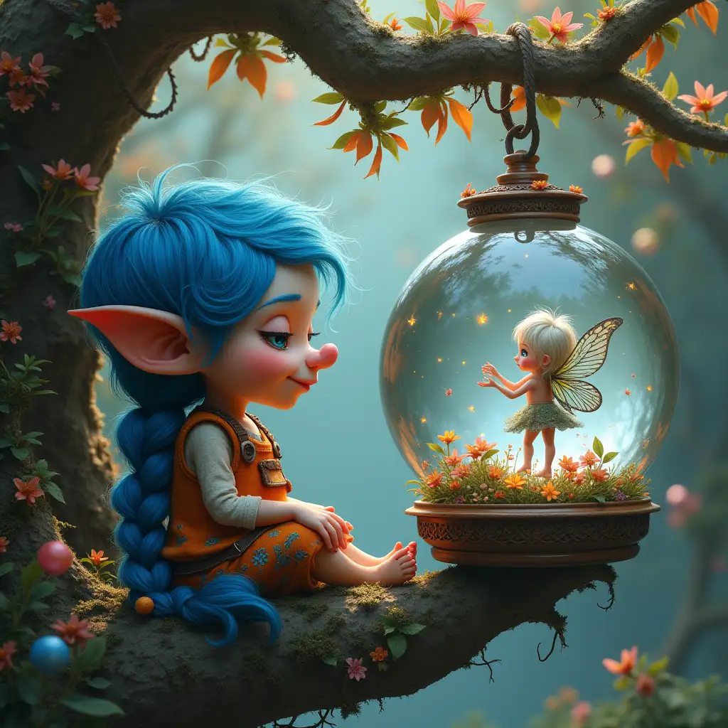 Ultra detailed hyperrealistic portrait of a troll with blue braids sits with a fairy in a crystal ball hanging in a dreamlike big treehouse on a large branch with intricately detailed, colorful plants in the background