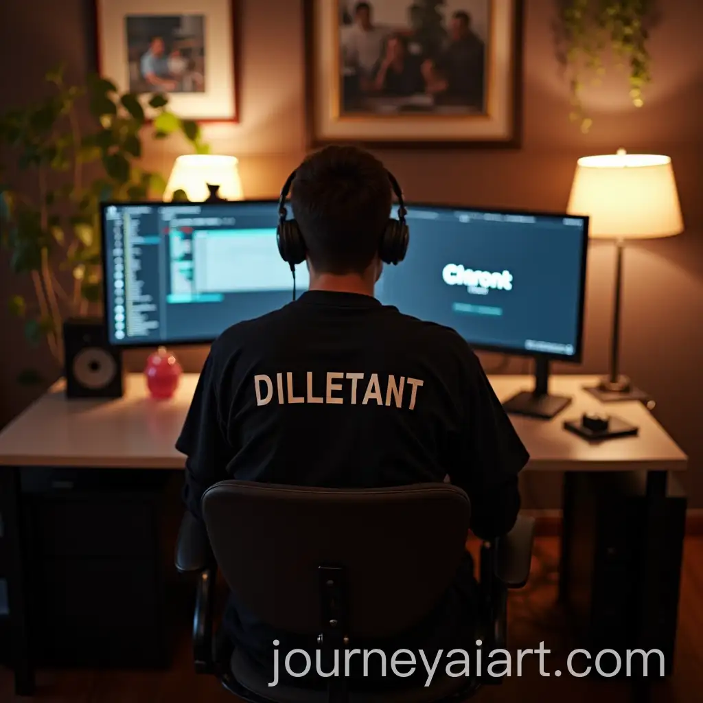Person-in-Balenciaga-Shirt-Working-on-a-Computer-in-a-Cozy-Room-with-Chronic-Project-Displayed-on-Screen