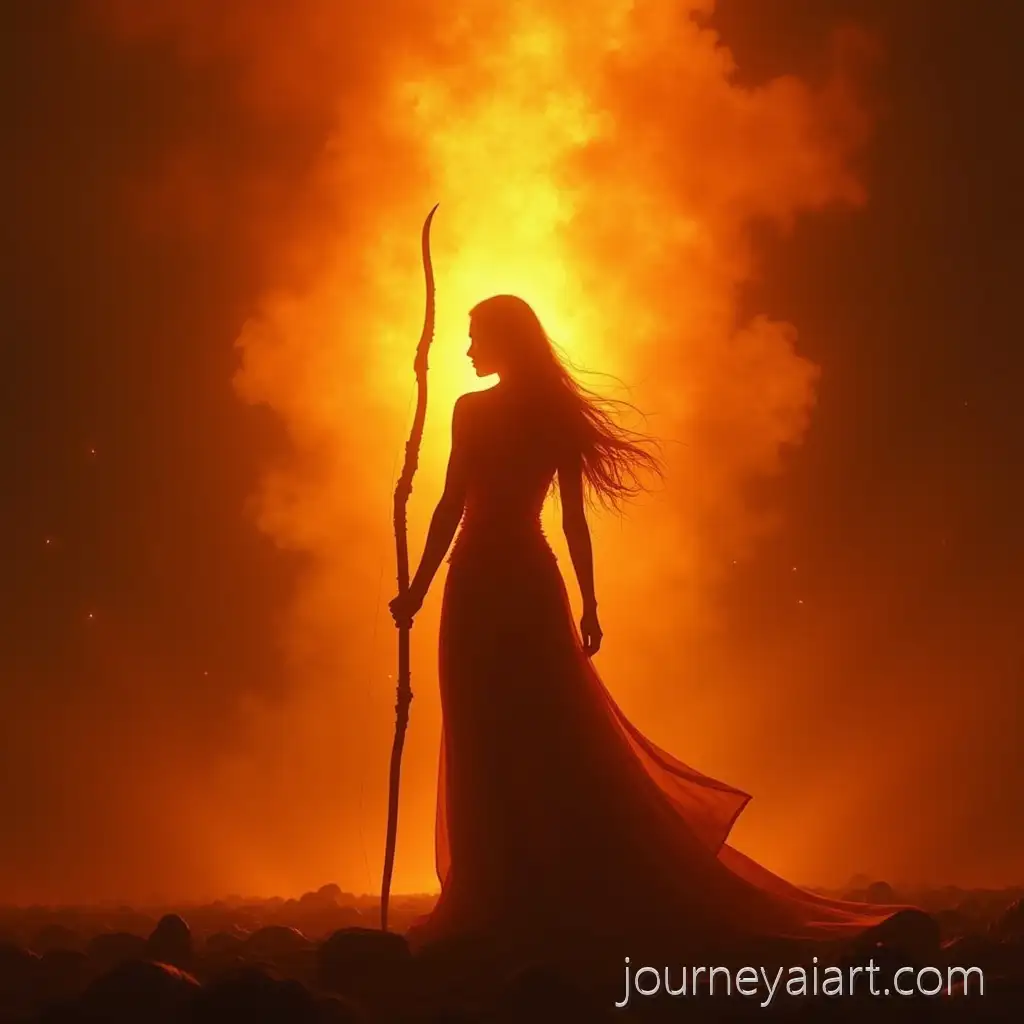 PowerGoddess-silhouette-with-tridentful-Goddess-Silhouette-with-Trident-and-Bow-in-Glowing-Fire-Light