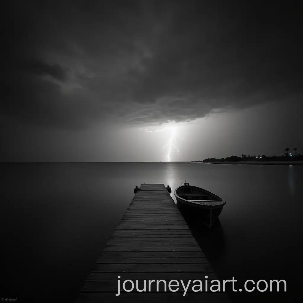 Black-and-White-Long-Exposure-of-Dock-with-Boat-and-Lightning-Under-Cloudy-Sky