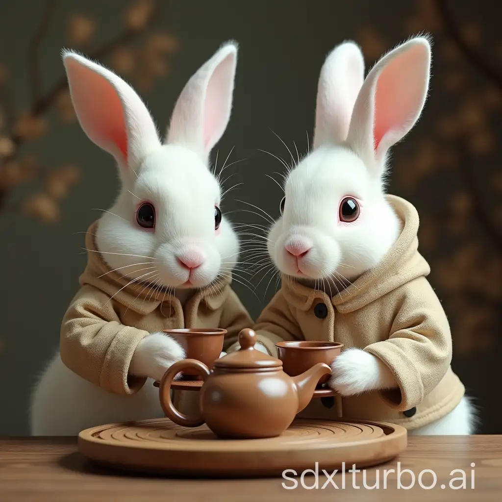 Two-White-Rabbits-Enjoying-Puer-Tea-in-Human-Attire