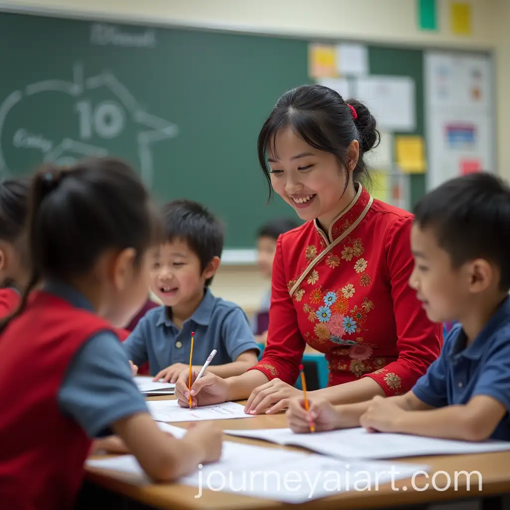 Female-Teacher-in-Ao-Dai-Guiding-Students-Through-Assignment-in-Classroom