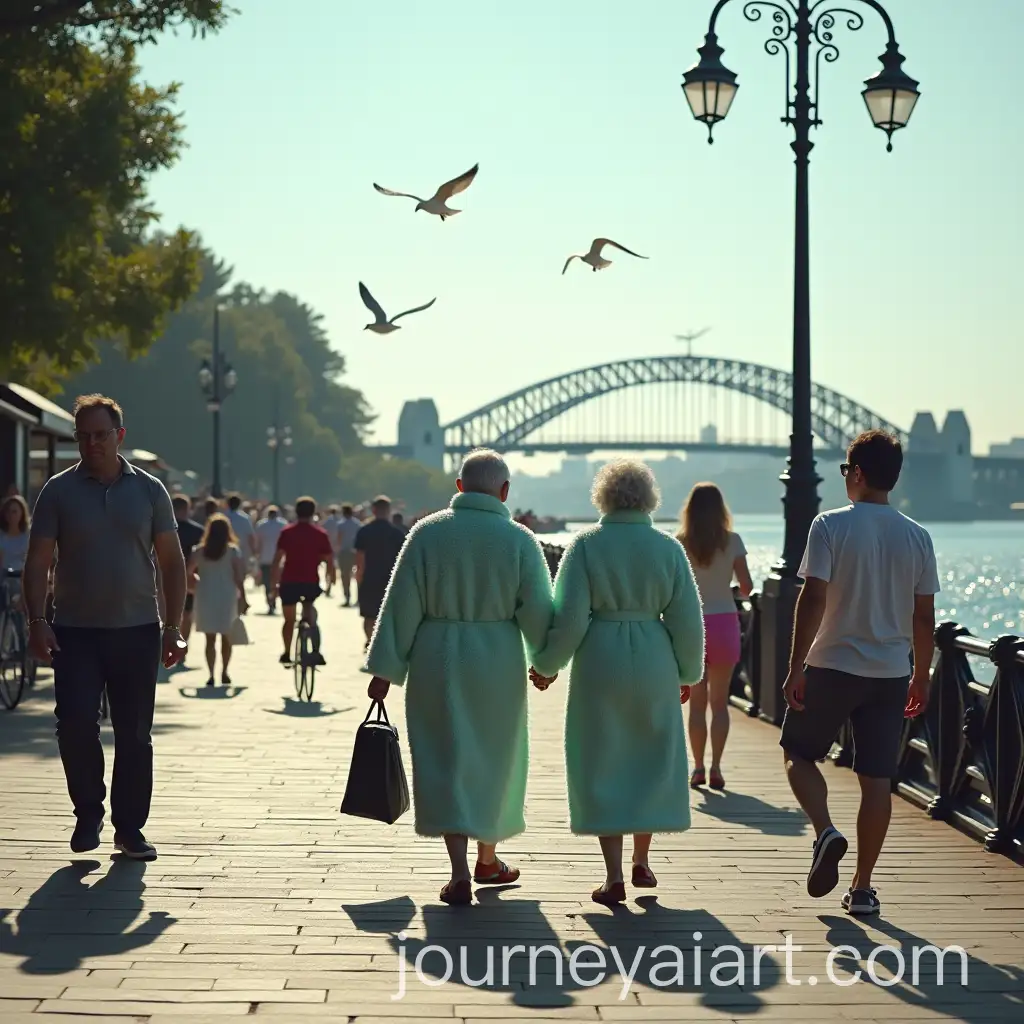 Elderly-Couple-Walking-Amidst-a-Crowded-Sydney-Promenade-with-Harbour-Bridge-in-the-Distance