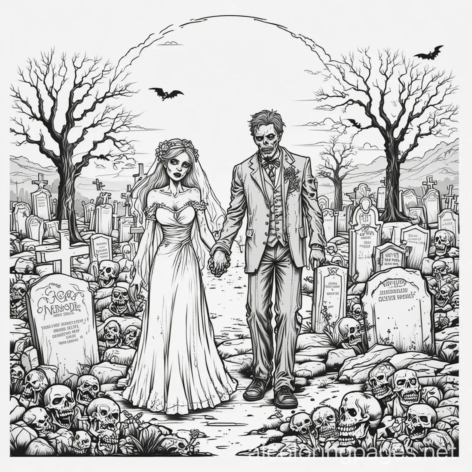 zombie graveyard wedding, Coloring Page, black and white, line art, white background, Simplicity, Ample White Space. The background of the coloring page is plain white to make it easy for young children to color within the lines. The outlines of all the subjects are easy to distinguish, making it simple for kids to color without too much difficulty