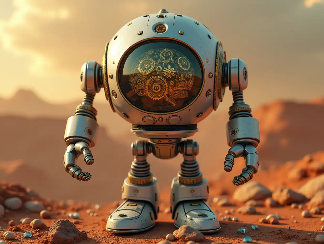 Create a high-resolution, realistic image of the artificial intelligence Robert, three meters tall, with eyes, arms and legs,  with gears on the cheeks and glass head with visible golden brain, screws  with many glass marbles on the floor, Mars 4k resolution with    