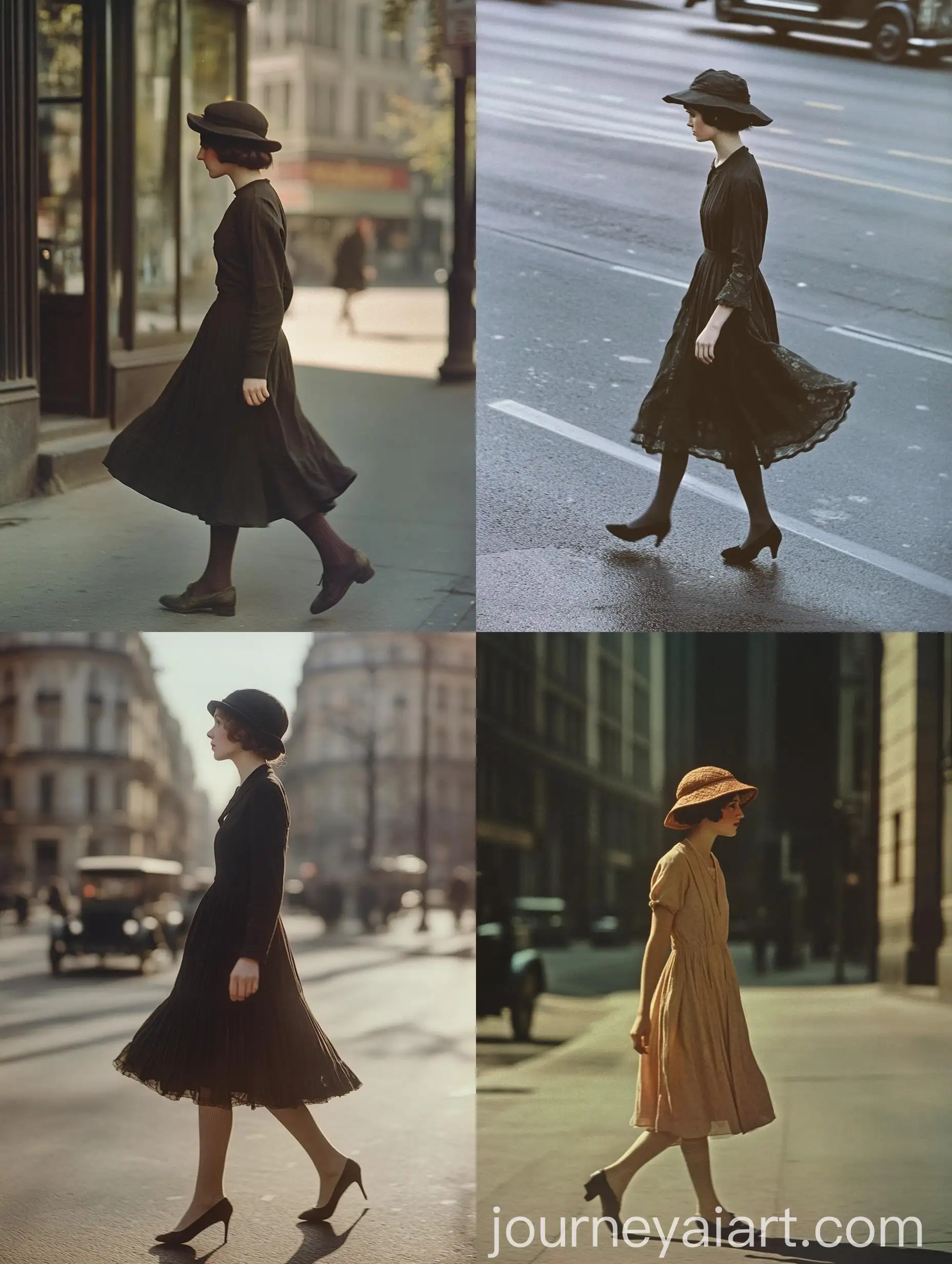 1920s-Woman-Walking-in-Long-Dress-and-Cloche-Hat-on-Street