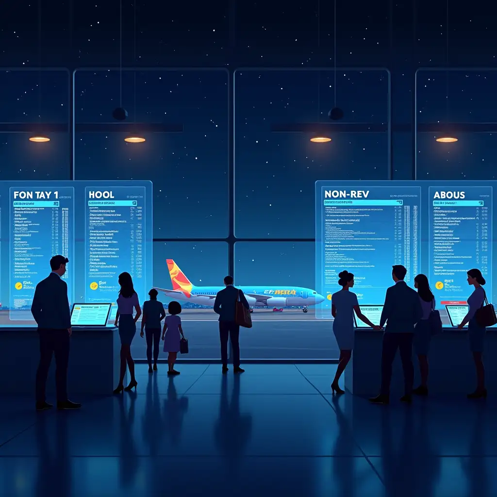 A realistic digital illustration with a dark, moody color palette showing a futuristic airport terminal at night. Sleek, high-tech design with large transparent digital displays showing non-rev travel data, including standby lists, seat availability, and flight statuses. Diverse airline staff and passengers interact calmly and confidently with holographic interfaces. An airplane is visible through large glass windows, under a starry sky with neon reflections. The mood conveys trust, innovation, and clarity in airline operations. Emphasize subtle lighting, clean lines, and an overall sense of progress and openness in travel.