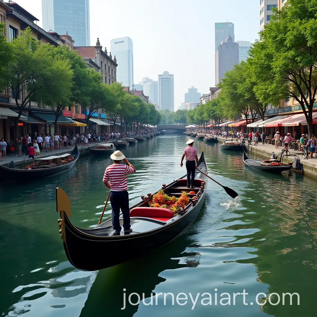 Gondola-on-Bangkok-River-with-Scenic-Cityscape-View