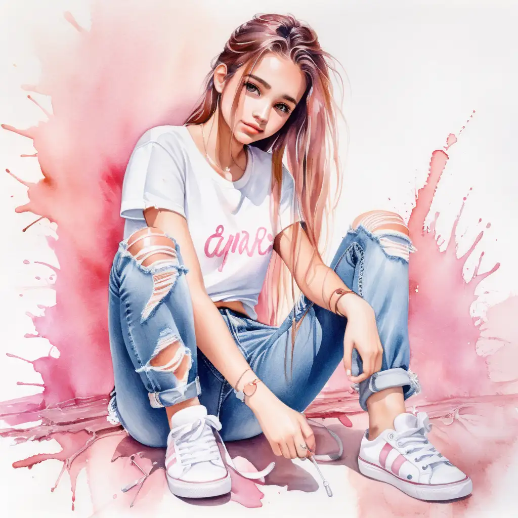 Watercolor Painting of a Stylish Girl in Ripped Jeans and Sneakers with Pink Tones