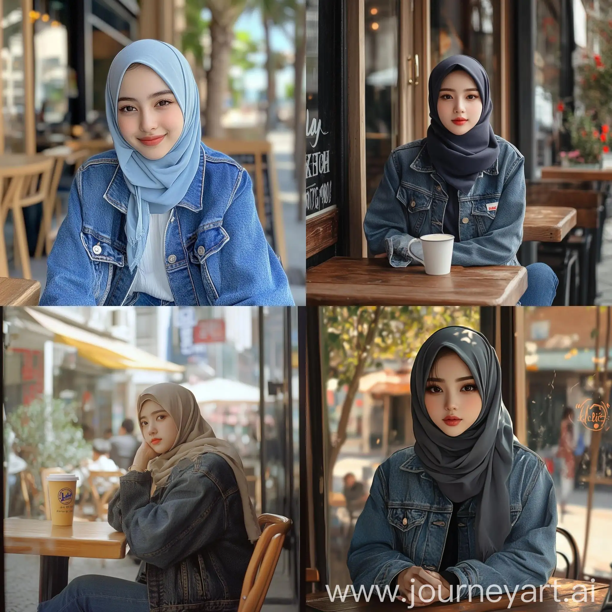 Young-Korean-Girl-in-Hijab-at-Outdoor-Cafe-Fashionable-Levis-Jacket-and-Jeans