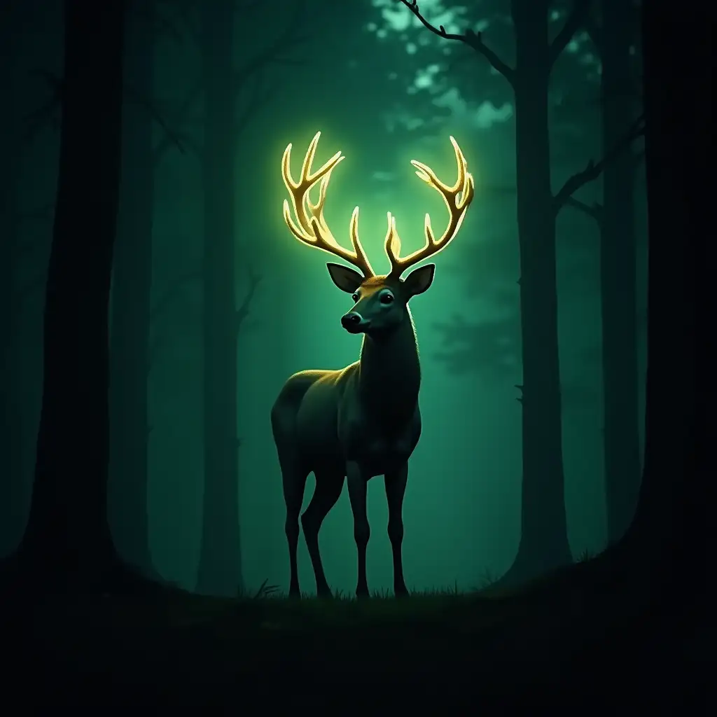 Glowing Stag Illuminating a Mystical Forest Clearing