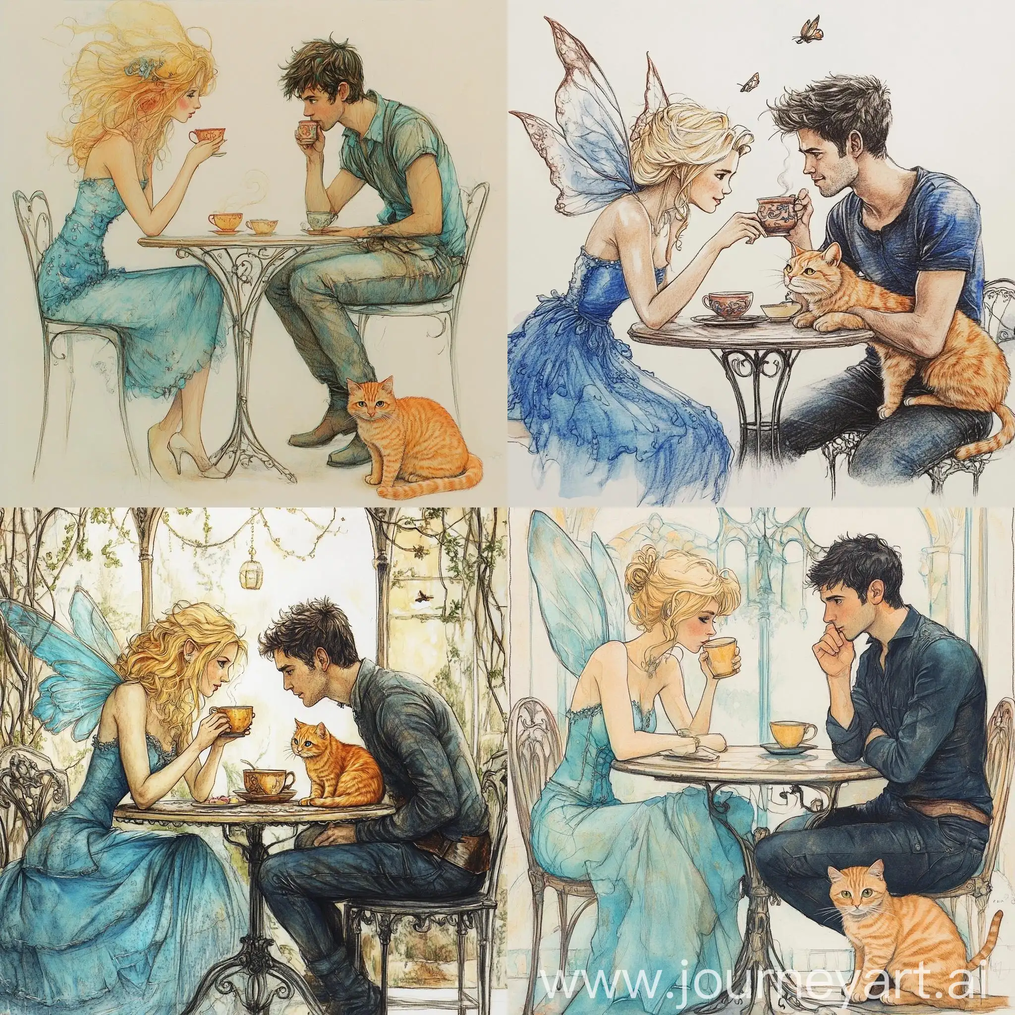 Blonde-Fairy-Drinking-Tea-with-DarkHaired-Man-and-Ginger-Cat