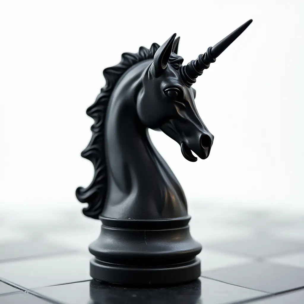 Create a hyper-realistic black chess knight piece that has been seamlessly transformed into a unicorn, while retaining all the traditional details, texture, and material of a classic chess knight. The piece remains recognizable as a chess knight but features a realistically sculpted unicorn horn extending from its forehead. The texture should match a polished black wooden or marble chess set, with intricate carvings and fine detailing. The piece is placed on a chessboard, and the background is pure white, with soft, even lighting to emphasize the contrast and intricate craftsmanship.