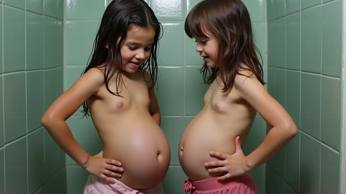 Two-Girls-Standing-in-Front-of-a-Wet-School-Bath-with-Wet-Hair-and-Pregnant-Belly