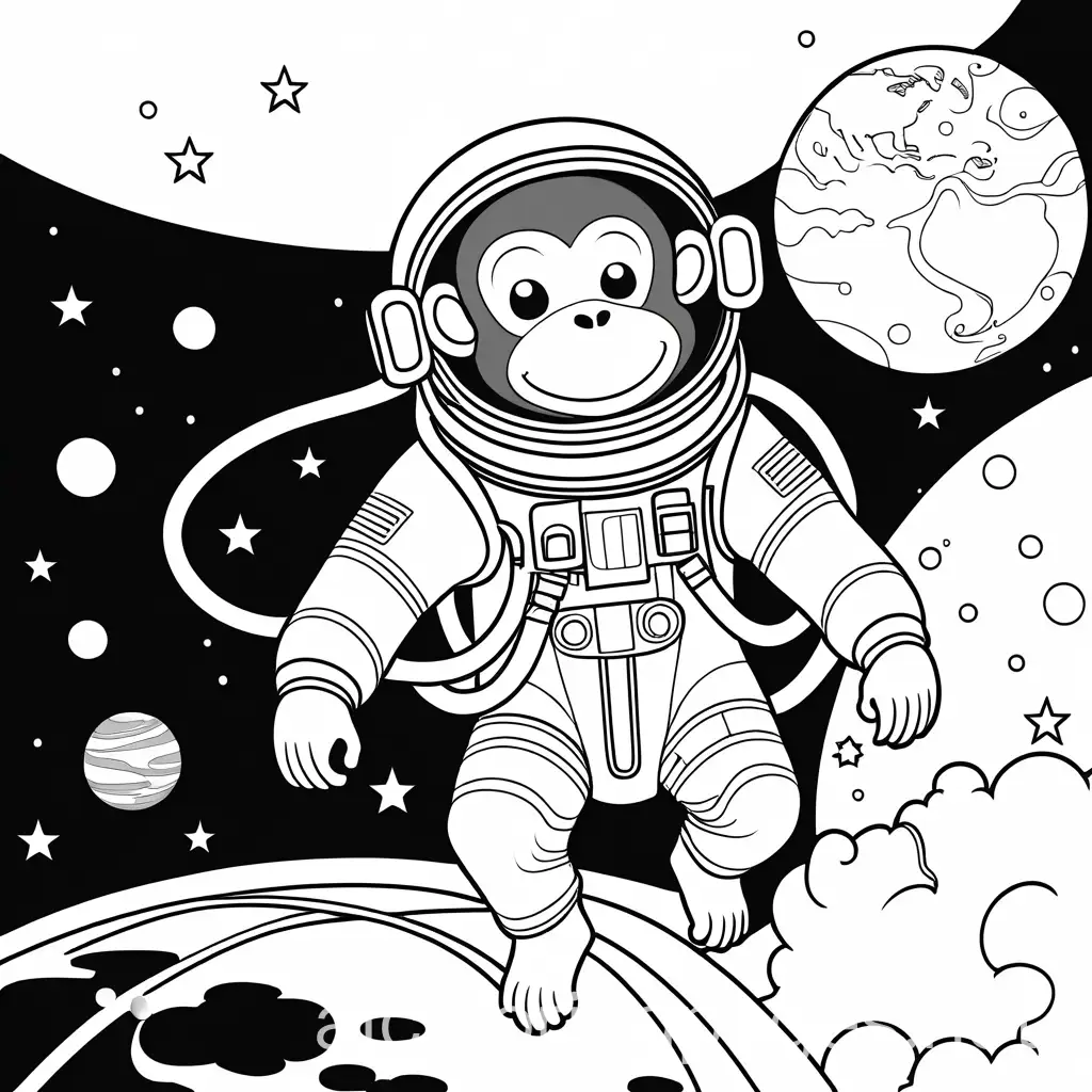 Astronaut-Monkey-Floating-in-Space-Coloring-Page