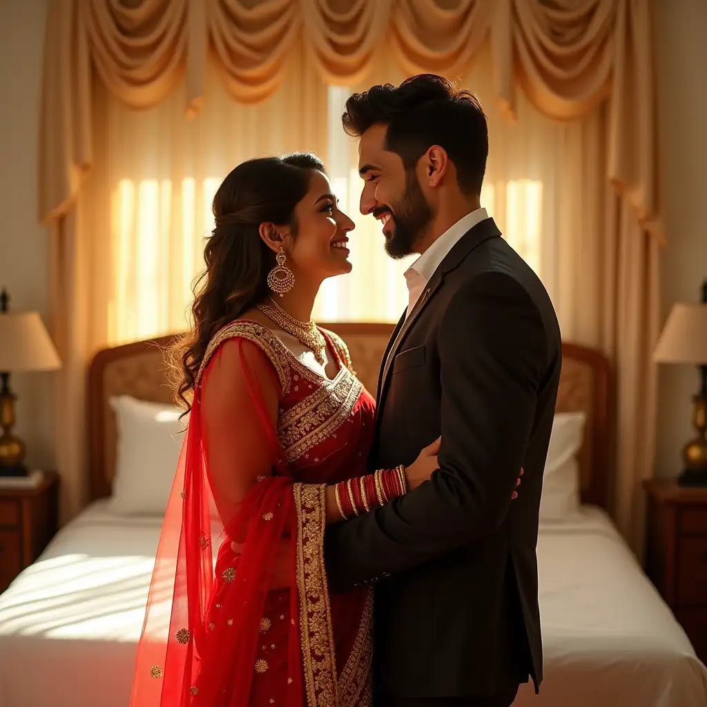 Romantic-Indian-Wedding-Couple-Embracing-in-Elegant-Bedroom-Setting