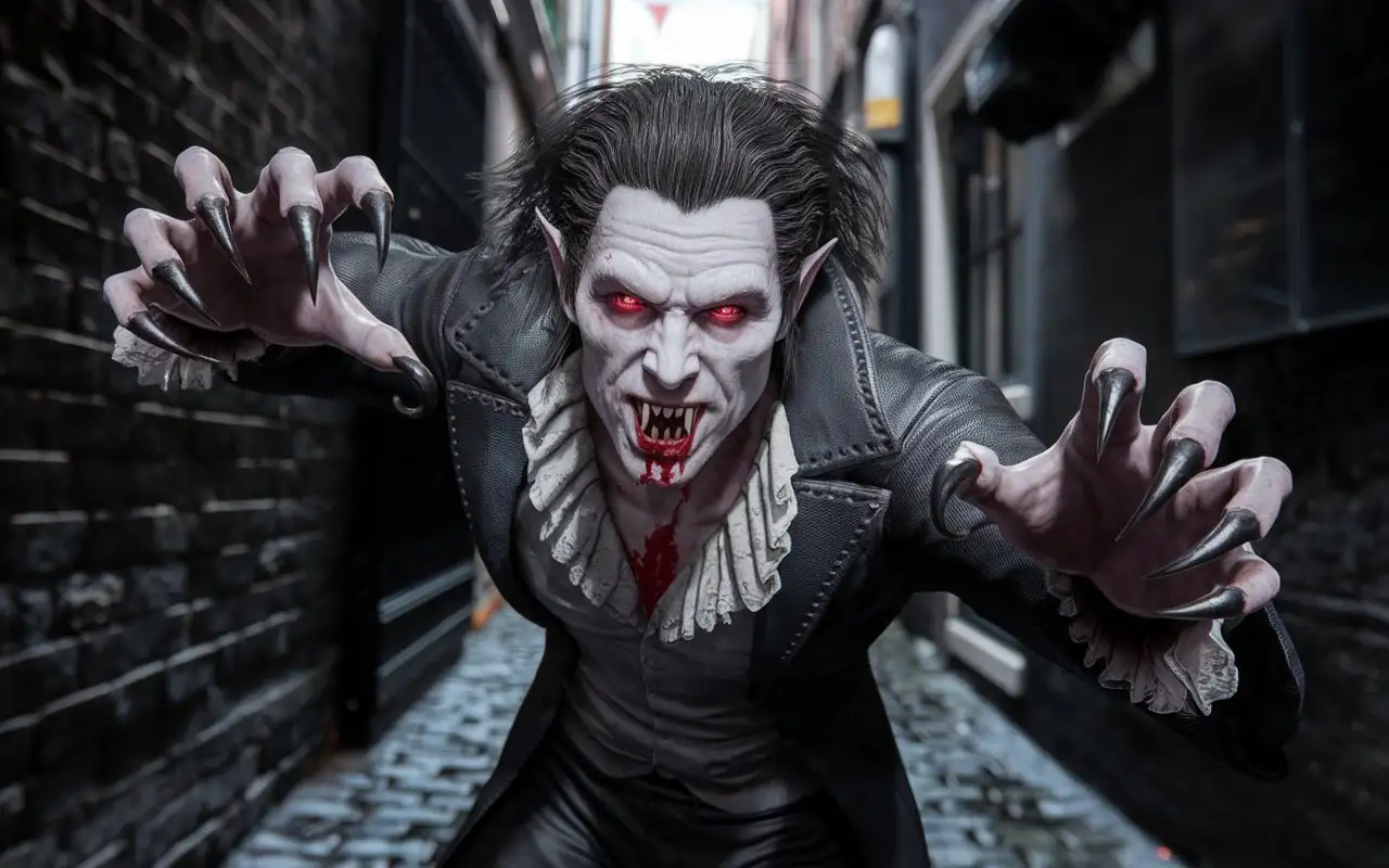 A male vampire with a chillingly photorealistic presence, poised to attack with his elongated, sharp-nailed hands outstretched. His skin is a ghastly pale shade, highlighting the stark contrast of his crimson eyes that burn with an eerie intensity. His fingers are adorned with talon-like nails that gleam in the dim moonlight, hinting at their deadly purpose. He stands in a shadowy alley, where the cobblestone walls are saturated with a wet, dark patina, suggesting a recent rainfall that has only added to the ominous atmosphere. The vampire's attire is a tattered mix of Victorian and contemporary styles, with a torn frock coat billowing slightly in the breeze, revealing a tight-fitting black shirt that clings to his muscular frame. His hair is a wild mane of dark strands that seem to move independently of any natural force, giving him an aura of supernatural power. The alley is narrow and claustrophobic, with the faint light of a distant streetlamp casting elongated shadows that dance menacingly on the ancient brickwork. The vampire's sharp, canine teeth are partially bared in a predatory snarl, and a hint of fresh blood on his chin suggests that he has just fed. His eyes are locked on an unseen target, promising swift and merciless action. The scene is suffused with a chilling realism that makes the viewer feel as if they are witnessing a moment of impending horror in an otherwise mundane night.