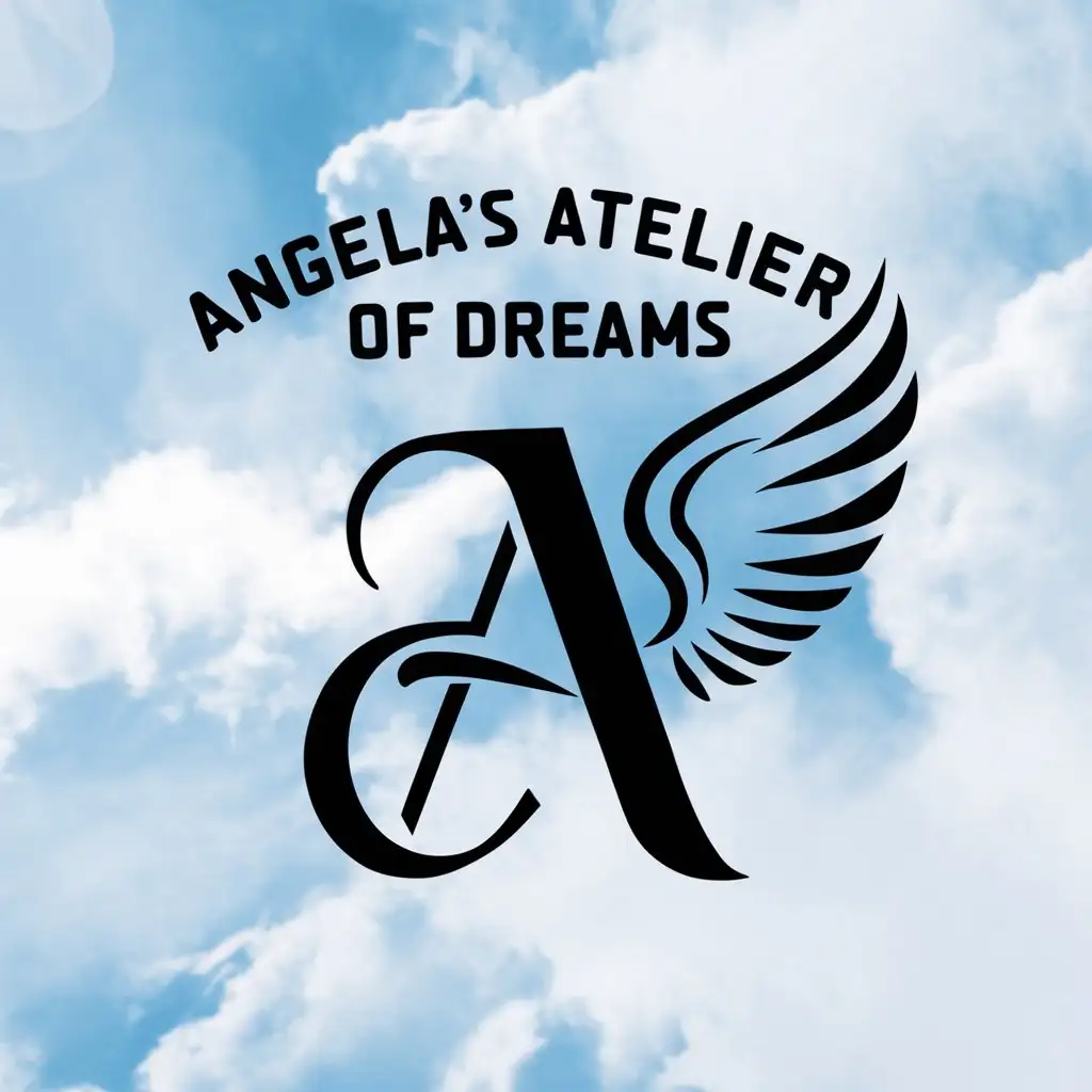 LOGO Design for Angelas Atelier of Dreams Elegant Winged A with Blue Heaven Background