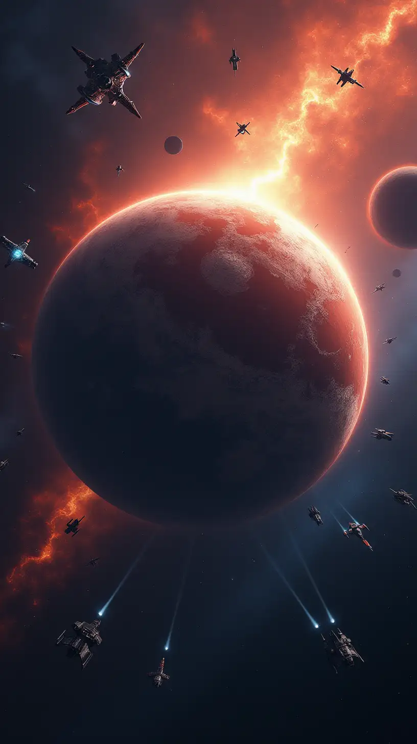 Realistic Planet in Space Surrounded by Starships in Battle