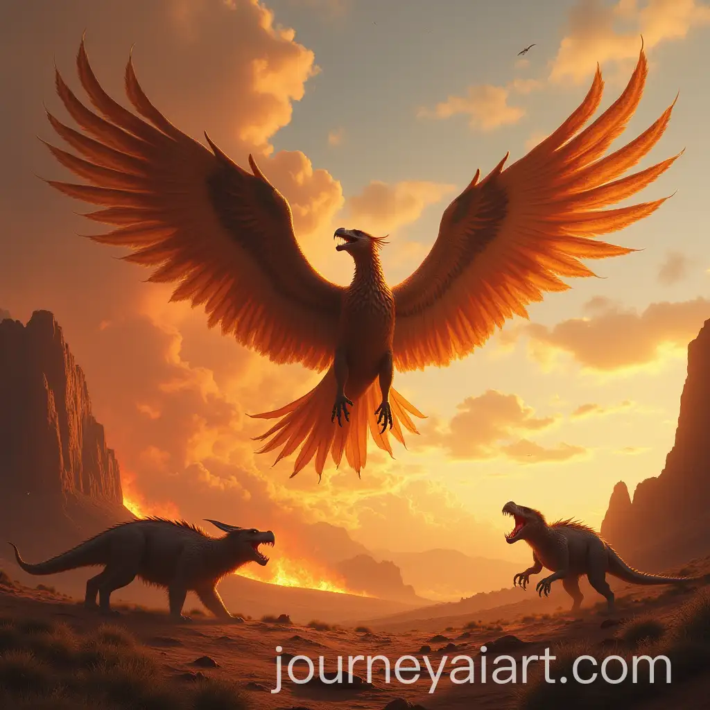 Griffin-Spitting-Fire-Over-Volcanic-Desert-Battling-Prehistoric-Wild-Animals